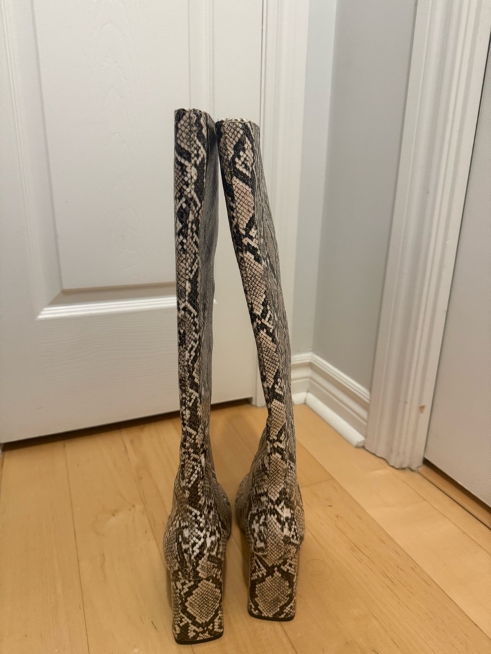 Zara Snake-Print Knee-High Boots in Black and Cream - Picture 2 of 4